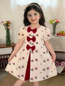 SHEIN LMoss Kids Young Girl Ditsy Floral Elegant Puff Sleeve Dress,Kids - Black and White - View 3