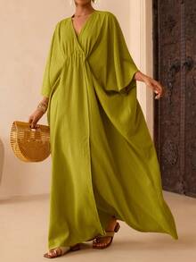 Vesra Đầm nữ tay cánh dơi màu trơn kiểu dáng thường ngày - màu xanh lá - Xem 1