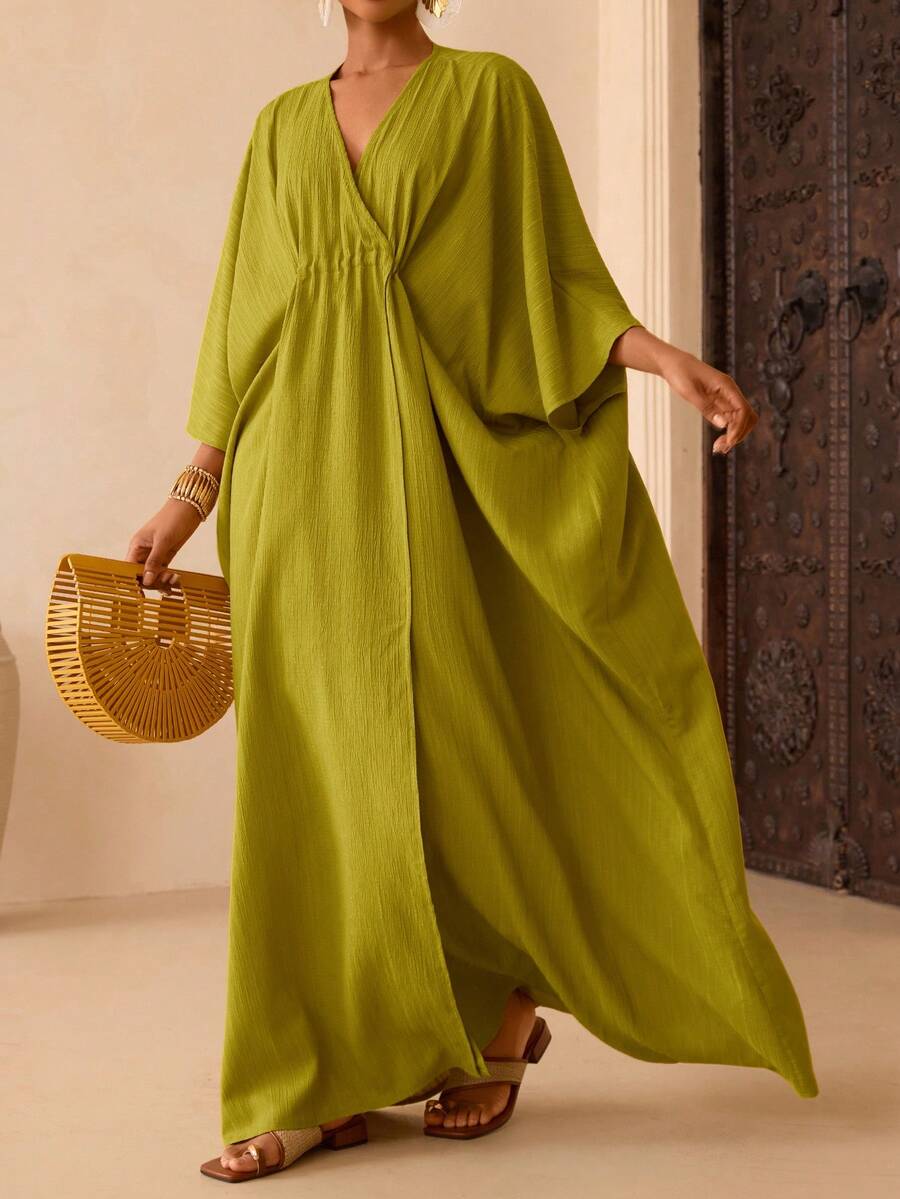 Vesra Đầm nữ tay cánh dơi màu trơn kiểu dáng thường ngày - màu xanh lá - Xem 1