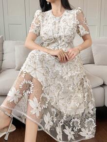 DAZY Đầm ren cao cấp thanh lịch với dây thắt eo, đầm thêu tinh tế, đầm mùa hè mềm mại, sang trọng, kiểu Hàn Quốc, mang lại cảm giác trẻ trung. - Vàng - Xem 6