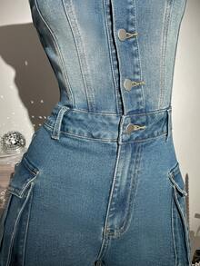 Elamini Women's Casual Denim Jumpsuit With Pockets And Buttons, Suitable For Daily Wear, Dates And Outings - Blue - View 5