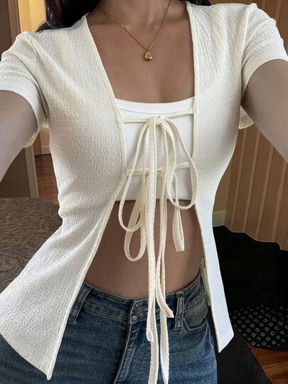 DAZY Women's V-Neck Short Sleeve Textured Fabric Bow Tie Casual Elegant Fitted Cardigan Summer