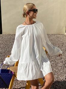 DAZY Women's Oversized Round Neck Long Casual Pullover Shirt - White - View 5