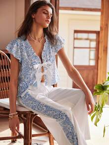 Lullawish Women's Floral Print Tie Front Top And Wide Leg Pants Casual Loungewear Set - Baby Blue - View 7