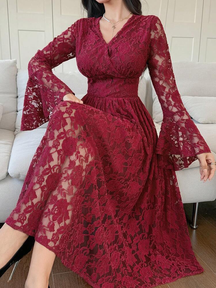 Women's V-Neck Lace Ruffle Elegant Waist Cinched Long Dress, Suitable For Dates And Parties Summer Sun Dresses For Women
