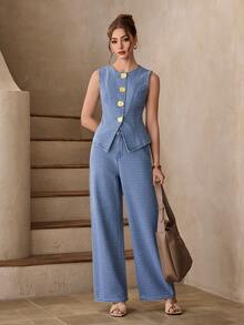 Selenza Women's Metal Single-Breasted Vest And Wide-Leg Jeans Casual Suit - Blue - View 5