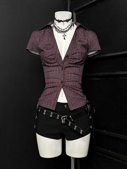 EgrlEra 休闲性感深V领条纹修身衬衫，夏季