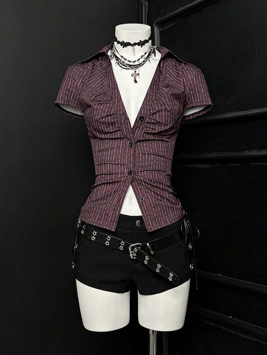 EgrlEra 休闲性感深V领条纹修身衬衫，夏季 - 彩色 - 查看 1