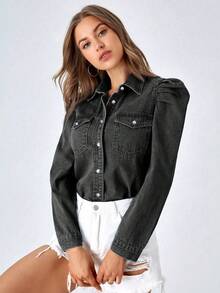 EMERY ROSE Plus Size Casual Washed Puff Sleeve Denim Blouse - Black - View 3