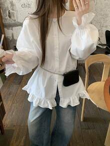 FRIFUL 女士纯色圆领荷叶边袖口单排扣宽松休闲衬衫（夏季款） - 白色 - 查看 8