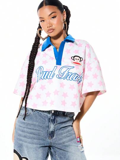 SUMWON X PAUL FRANK SUMWON WOMEN Boxy Fit Women's Pink White Cross Print Short Sleeve Polo Shirt Collared Button Front Casual Spring Summer Top