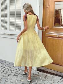 SHEIN LUNE 女士休闲撞色无袖中长连衣裙，适合度假、通勤和日常穿着 - Butter Yellow - 查看 2