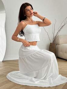 EURMUSE Bộ hai mảnh gồm áo croptop thêu ren và chân váy maxi xếp tầng, chất liệu vải cotton. - trắng - Xem 5