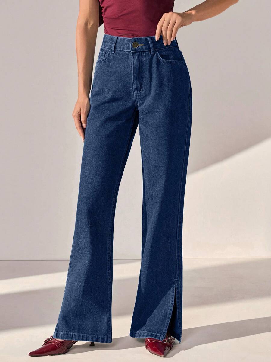 CLARA VERO Low Waist Side Slit Elegant Straight Jean - Dark Wash - View 1