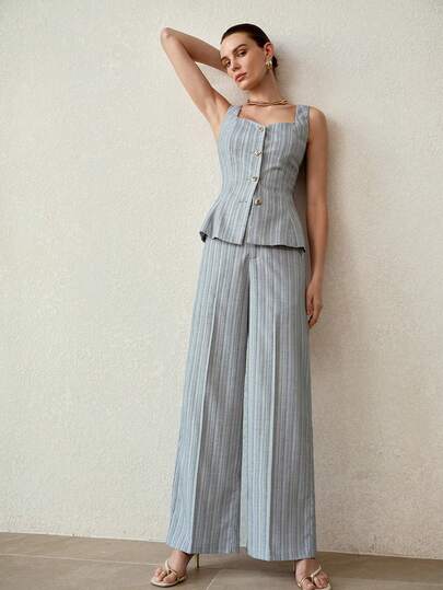 MOTF PREMIUM WOMEN'S BLUE STRIPED TEXTURED CHAIN DECOR LOOSE WIDE-LEG JEANS