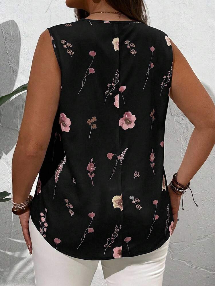 Plus Size Summer Countryside V-Neck Floral Printed Summer Sleeveless Blouse, Casual
