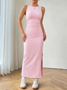 SHEIN EZwear Women's Light Pink Slit Fitted Dress, Spring/Summer,Summer Dresses For Women - Baby Pink - View 5