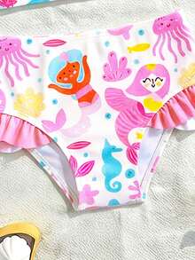 Baby Girl Cartoon Graphic Bow Detail Ruffle Trim Bikini Swimsuit With Headband - Multicolor - View 7
