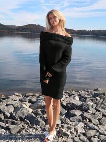 Sydney Algeri Grey Off Shoulder Turndown Collar Special Neckline Long Sleeve Mini Loose Top Tight Bottom Knitted Dress For Young Ladies, Autumn/Winter,Cozy Fall And Winter Clothes For Women - View 5