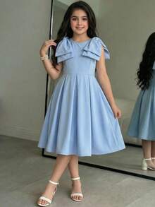 Gaun Anak Perempuan Remaja Musim Semi/Panas Elegan dengan Hiasan Manik-Manik dan Pita Biru Besar - Biru - View 6