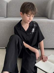 DAZY Tween Boy Botanical Print Short Sleeve Button-Up Top And Pants Pajama Set - Black - View 2