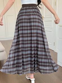 DAZY Women's High Waist Plaid Elegant Versatile A-Line Skirt - Brown - View 3