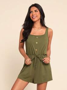 Coeurva Drawstring Waist Button Front Tank Romper - Army Green - View 6