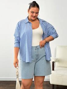 Quần short nữ cạp cao denim mài bạc màu, cỡ lớn. - Rửa nhẹ - Xem 3