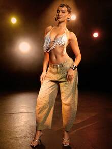 Hauture Women's Metallic Fringe Sequin Detail Halter Neck Bra Top - Silver - View 5