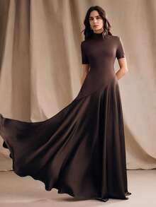 Anewsta Essential 针织拼接驼色高领短袖喇叭连衣裙 - 咖啡棕 - 查看 1