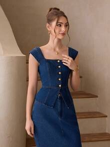 Selenza Women's Elegant Off-Shoulder Denim Blouse For Party, Summer - Dark Wash - View 4