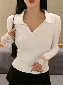 DAZY Women's Solid Color Lace Patchwork Fitted Long Sleeve Sweater - White - View 3