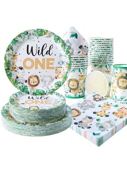一岁动物主题一次性餐盘、餐巾纸和杯子，一岁动物主题派对用品，适合25位客人，一次性纸盘派对餐具，适合生日、婚礼、派对和家庭野餐