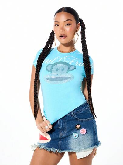 SUMWON X PAUL FRANK SUMWON WOMEN Women's Baby Tee Graphic T-Shirt With Cute Monkey Character Print Short Sleeve Fitted Crew Neck Cotton Casual Top