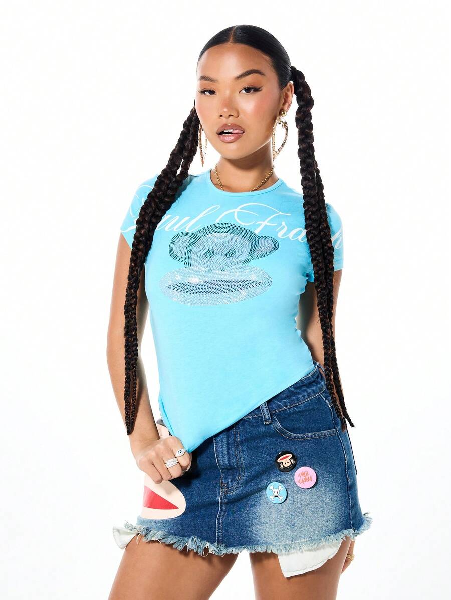 SUMWON X PAUL FRANK SUMWON WOMEN Áo thun nữ/bé gái in hình chú khỉ dễ thương, tay ngắn, cổ tròn, chất liệu cotton, kiểu dáng thường ngày. - Màu xanh lam - Xem 1