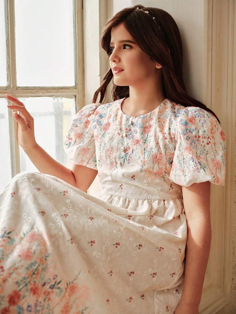 Fashionable Printed Short Sleeve Dress With Button Decor For Tween GirlsElegant Party Outfit For Pre-Teens Tween Modest Dresses Teen Girl Spring Dress Puff Sleeves Matching Outfits Midi Mother Daughter