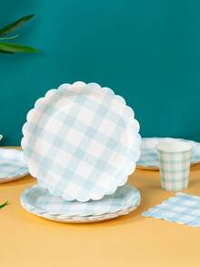 100 Pieces Of Light Blue Checkered Paper Plates And Napkins For Party Supplies, 7/9-Inch Disposable Paper Plates In Light Pink And White Checkered Design, Fan-Shaped Checkered Plates, Paper Cups, And Paper Towels, Suitable For Birthday Dinners, Picnics, Barbecues, And Parties - Multicolor - View 3