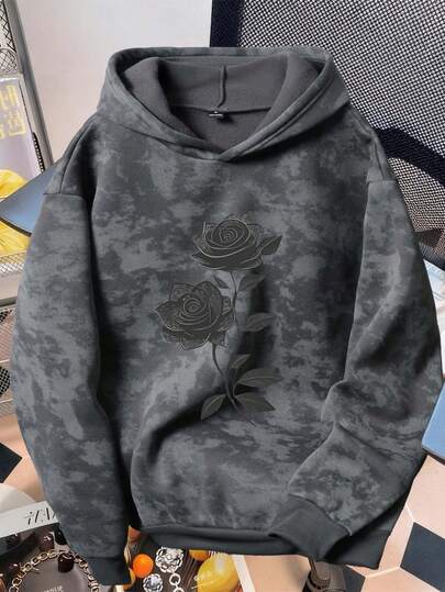 Manfinity Joysei Men's Vintage Rose Print Distressed Hoodie