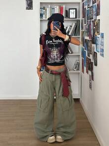 StreetHx Women's Casual Washed Wide Leg Cargo Jeans - Green - View 3