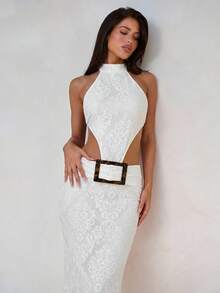 Aloruh 女士性感露背波西米亚提花连衣裙，挂脖鱼尾裙摆，适合海滩度假、优雅度假、性感派对、音乐节等场合。 - 杏色 - 查看 3