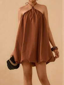 Lyxana Women's Coffee Color Loose Cotton Dress With Neck Tie - Coffee Brown - View 5