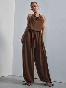 Hauture Đầm maxi nữ xếp ly cổ yếm, vạt phồng, lưng hở, kiểu dáng gợi cảm, thích hợp mặc đi làm. - màu nâu - Xem 1