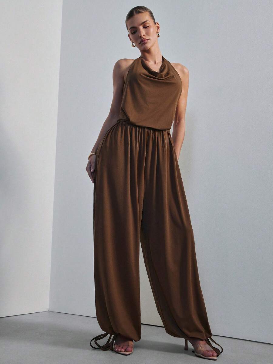 Hauture Đầm maxi nữ xếp ly cổ yếm, vạt phồng, lưng hở, kiểu dáng gợi cảm, thích hợp mặc đi làm. - màu nâu - Xem 1