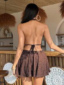 EgrlEra Women's Deep V-Neck Halter Tie Backless Ruched Sexy Mini Dress For Dates & Parties - Brown - View 2