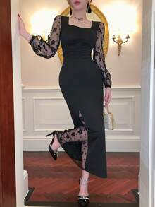 DAZY Women's Black Floral Spring And Summer Elegant Seductive Dining Organza Ditsy Lace Dress,Valentine's Day Wedding Party Sheer Mesh Long Sleeve Midi - Black - View 6