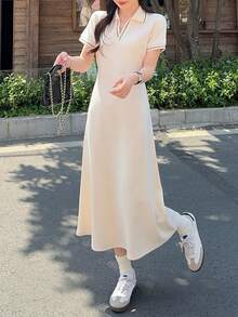 DAZY 女款休閒拼接飾邊短袖洋裝，夏季陽光洋裝 - 杏色 - 查看 5
