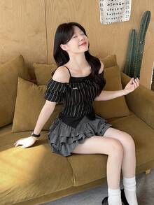 DAZY Áo sơ mi nữ hai dây kẻ sọc kiểu Hàn Quốc in chữ tiếng Anh, kiểu dáng thường ngày. - màu đen - Xem 4