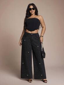 SHEIN Tall CURVE 大码时尚通勤水钻装饰阔腿牛仔裤 - 黑色 - 查看 7