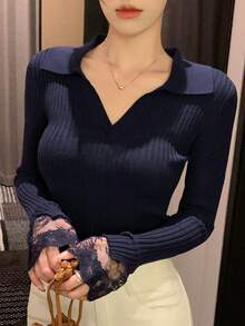 女士撞色蕾丝修身长袖套头毛衣 - 藏蓝色 - 查看 2
