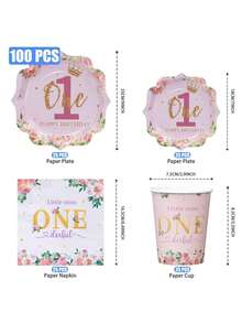 Happy First Birthday! Pink Flower-Shaped Disposable Plates, Napkins, And Paper Cups. These Pink Flower-Shaped Disposable Plates, Napkins, And Paper Cups Are Perfect Party Supplies For A 25-Guest Birthday Party Or Family Picnic - Multicolor - View 2